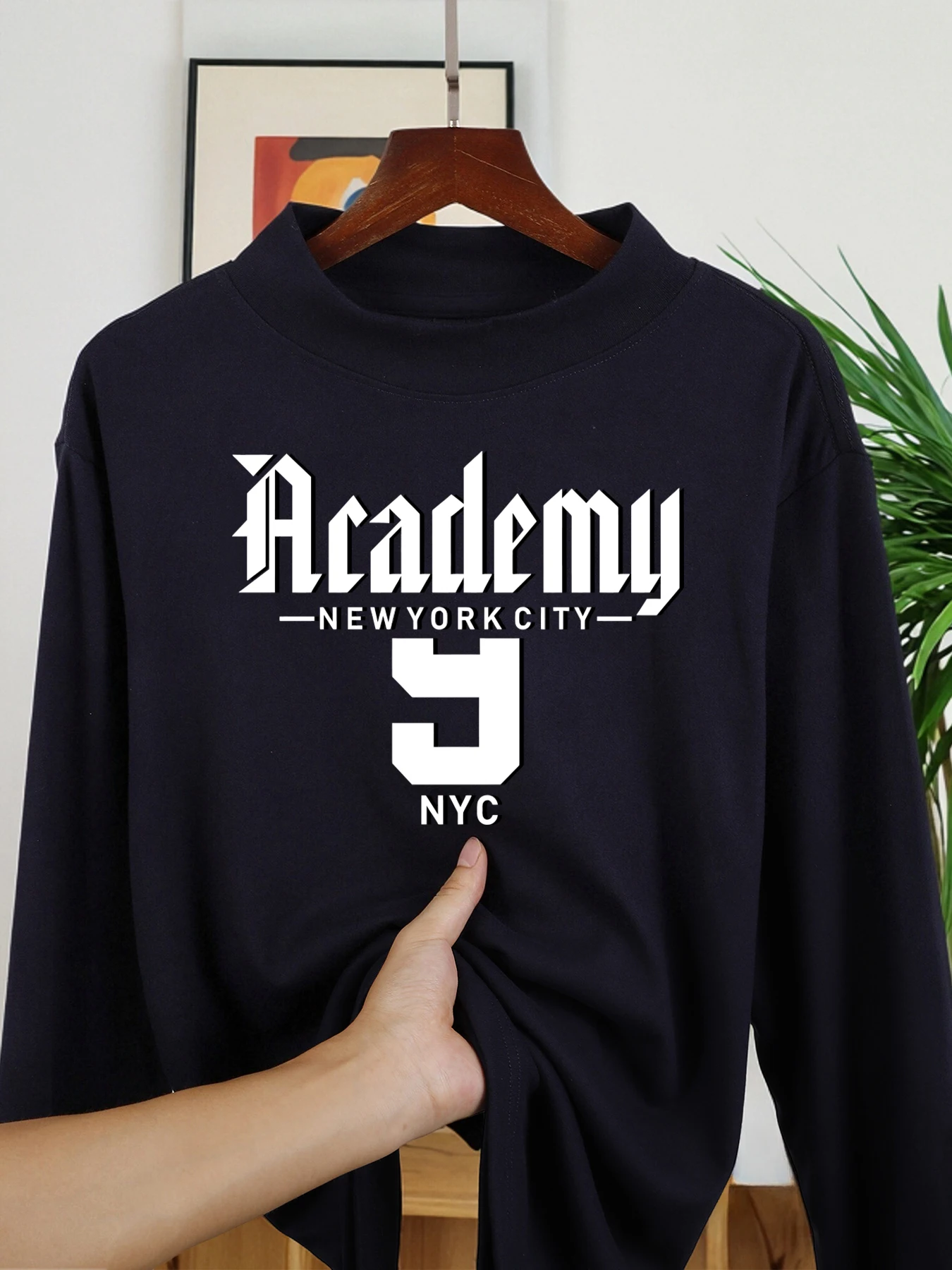 نيويورك سيتي أكاديمية طباعة الذكور قمصان طويلة الأكمام سميكة تناسب الملابس الخريف قميص دافئ عادية نصف عالية طوق قاعدة طبقة