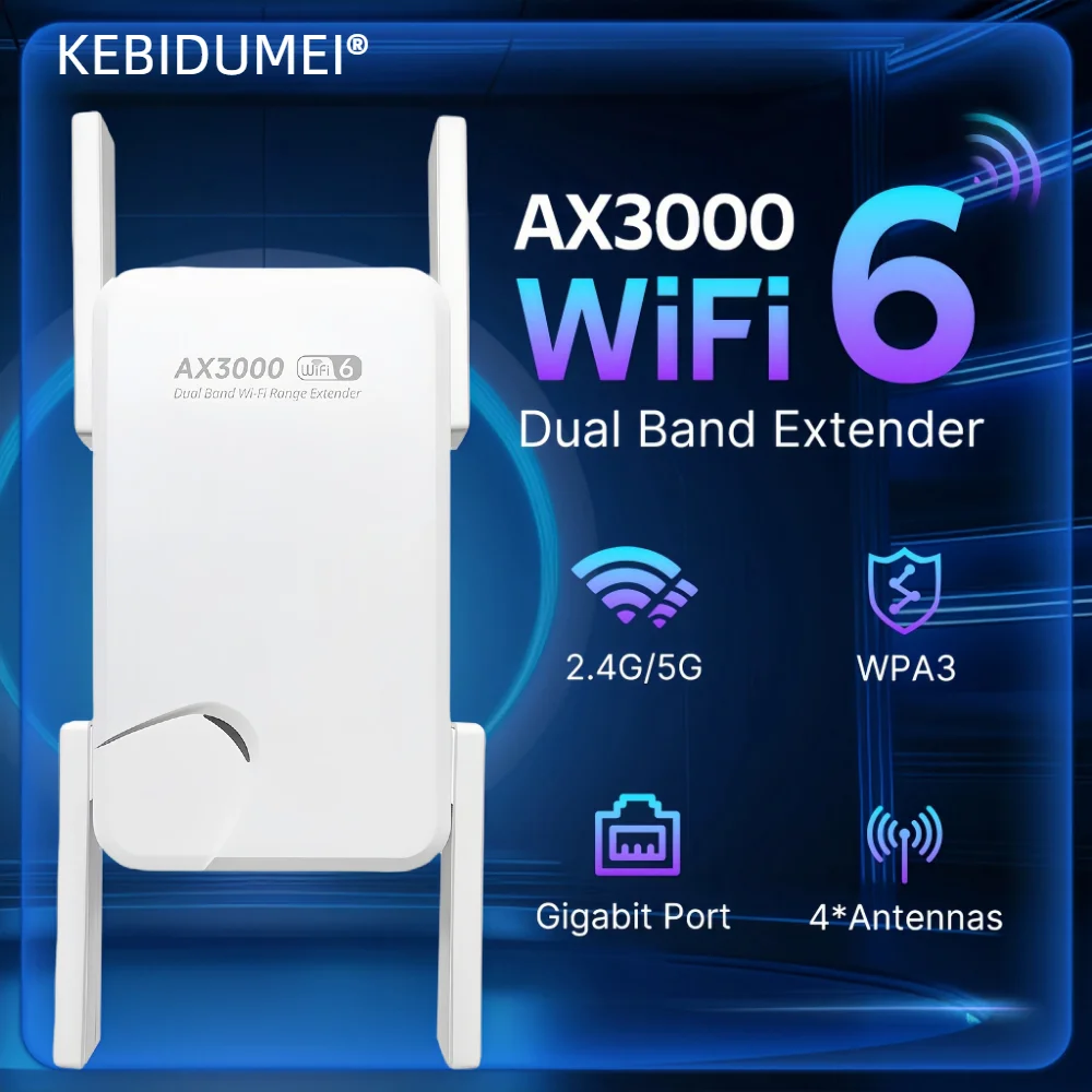 WIFI6 AX3000 Гигабитный беспроводной повторитель, двухдиапазонный усилитель сигнала 2,4/5 ГГц с 4 антеннами с высоким коэффициентом усиления,