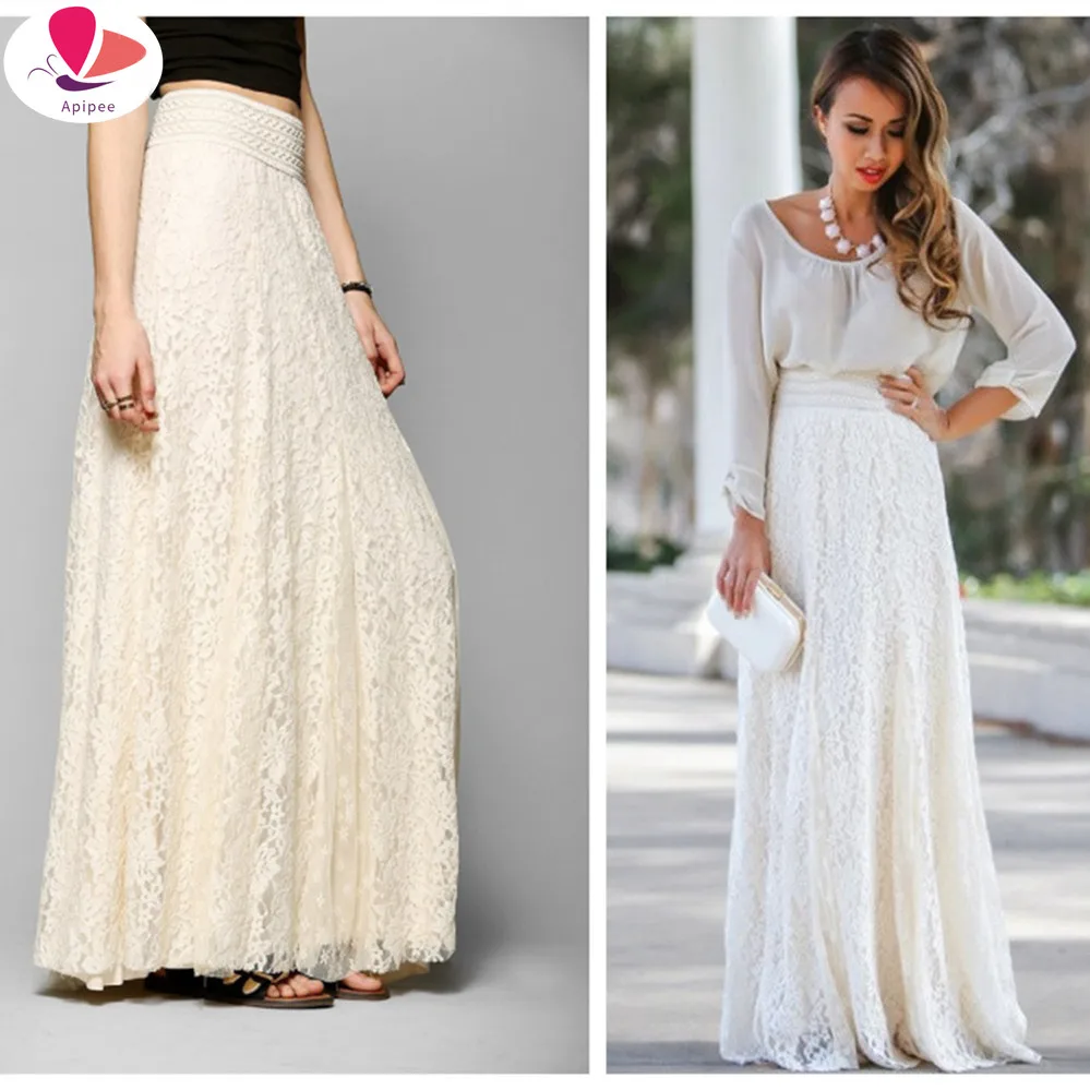 

Fashion Long Lace Openwork Skirt Lady Girls Summer Spring Beach Wedding Dating Clothes Boho Pleated Free Size Tulle Maxi Skirts