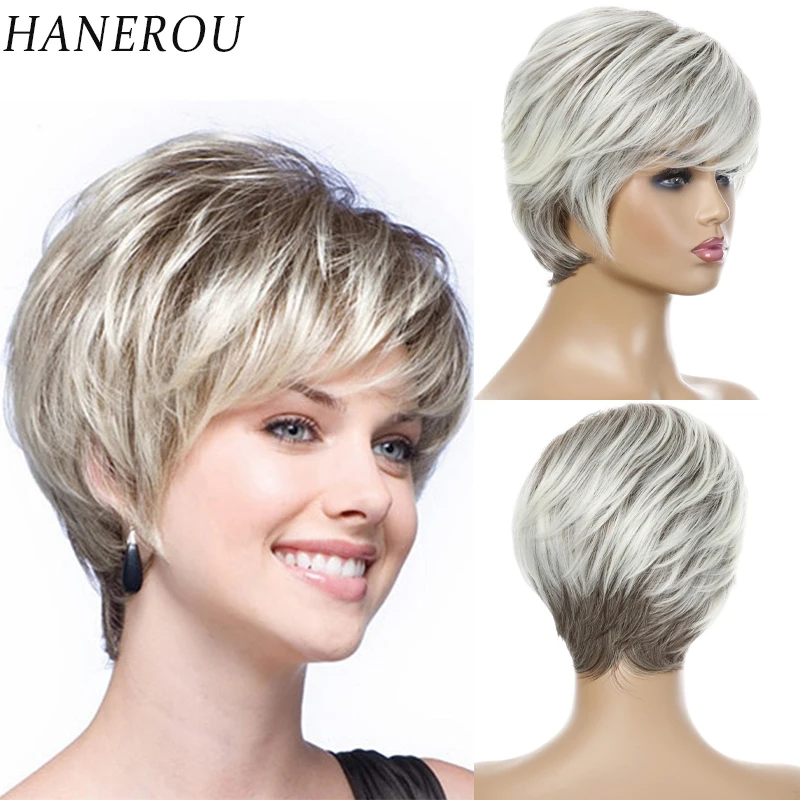 

HANEROU Short Wig Mixed Ombre Brown Nature Pixie Cut Straight Women Natural Wig for Cosplay Party Daily