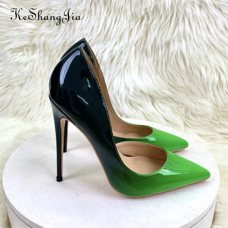 Gradiente preto verde espaço interior mulher envernizada dedo do pé alto salto sapatos de noiva sexy stiletto bombas plus size 45