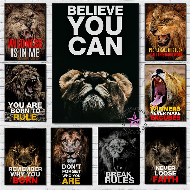 Animal Lion Motivational Quotes Poster Believe You Can,Dream Big,Winners Never Make Excuses Canvas Painting Office Wall Decor