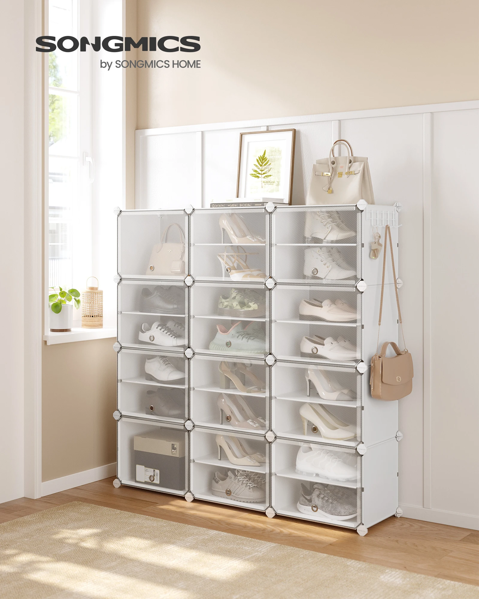 SONGMICS Schuhregal mit 12 Fächern, Schuhschrank, 30 x 40 x 30 cm pro Fach, schmal, mit Türen, Stahlrahmen, Kunststoff