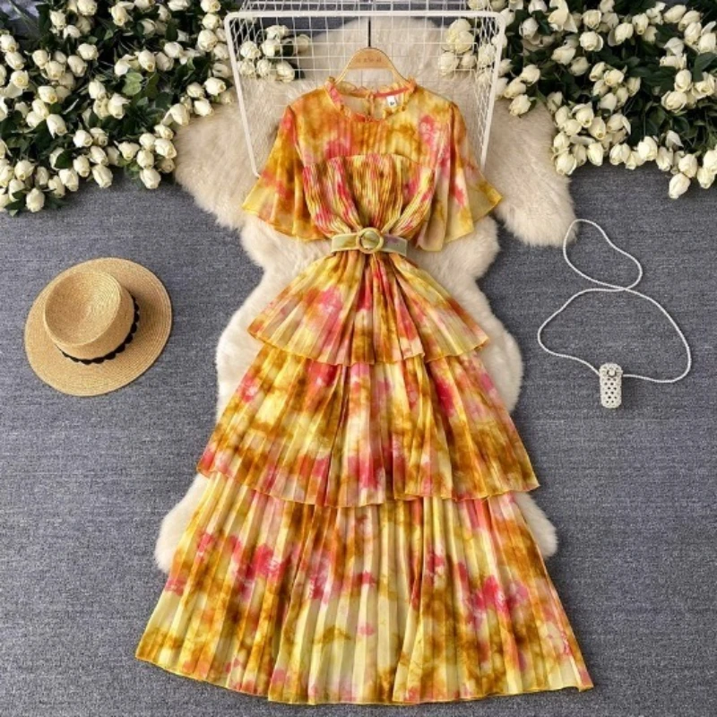 

Long Dress Women Cake Dresses Print Pleated A Line Vestidos High Waist Belt Streetwear Short Sleeve Ruffles Elegant Y2k 2025