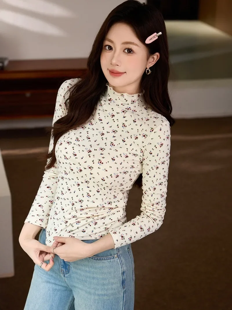 Femme New Chic Lace Tops All-Match Vintage Kawaii Cute White Top 2023 Women Harajuku Retro Floral Printing Long Sleeve T-shirts