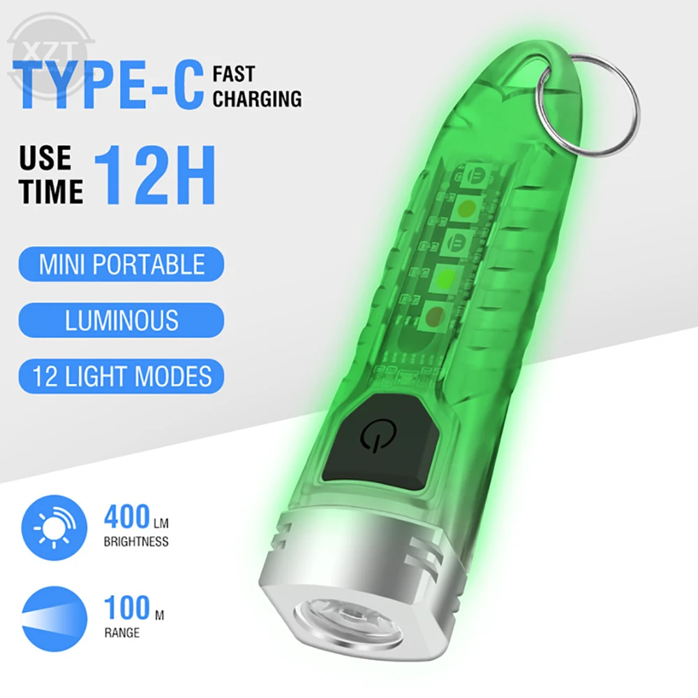 Portable Mini 400 Lumens  Portable Torch LED Flashlight UV Light Camping Pocket Lantern Multifunctional Waterproof Keychain Lamp