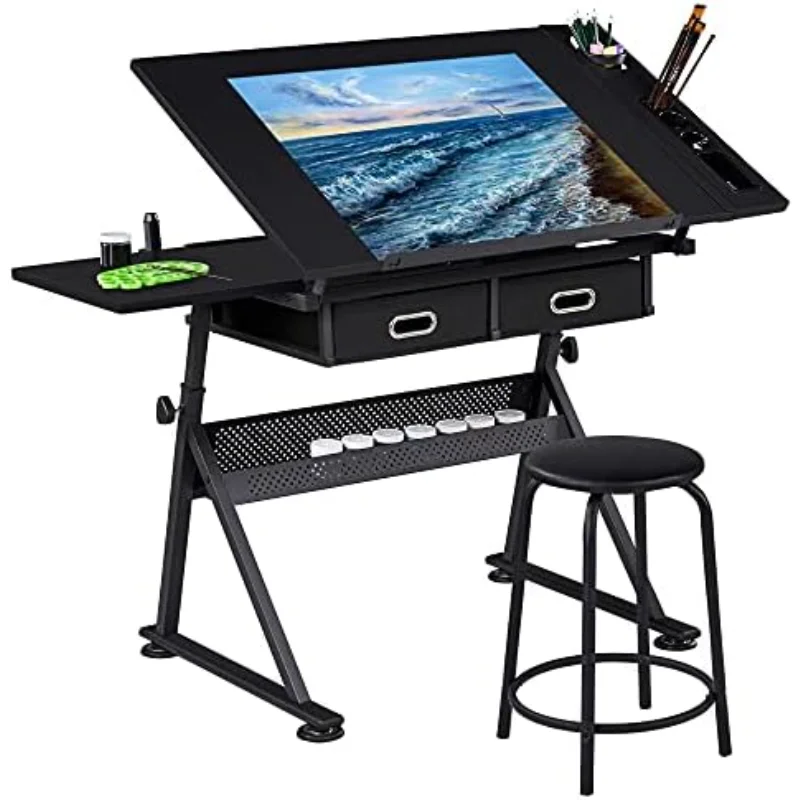 Art Craft Table Drawing Table Height Adjustable Drafting Desk Work Station with Tiltable Tabletop w/Stool and 2 Storage