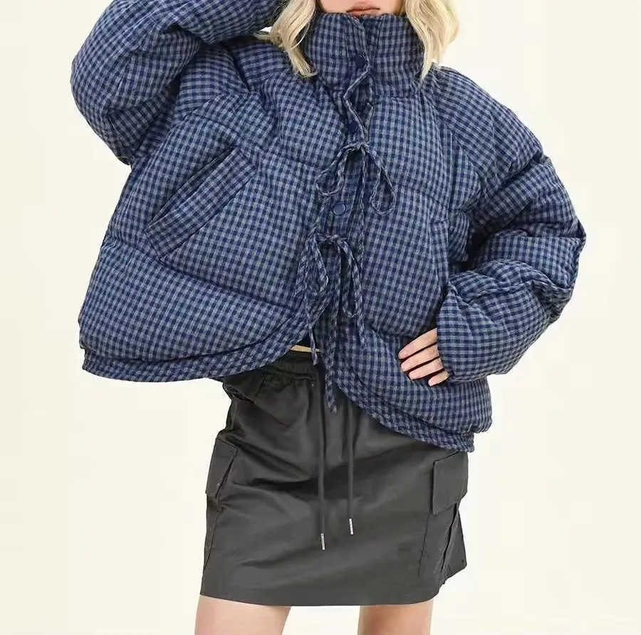 

Blue Bow Tie Plaid Short Cotton Padded Jacket for Women Winter Fashion Loose Lapel Thick Bread Cotton Clothes High Street