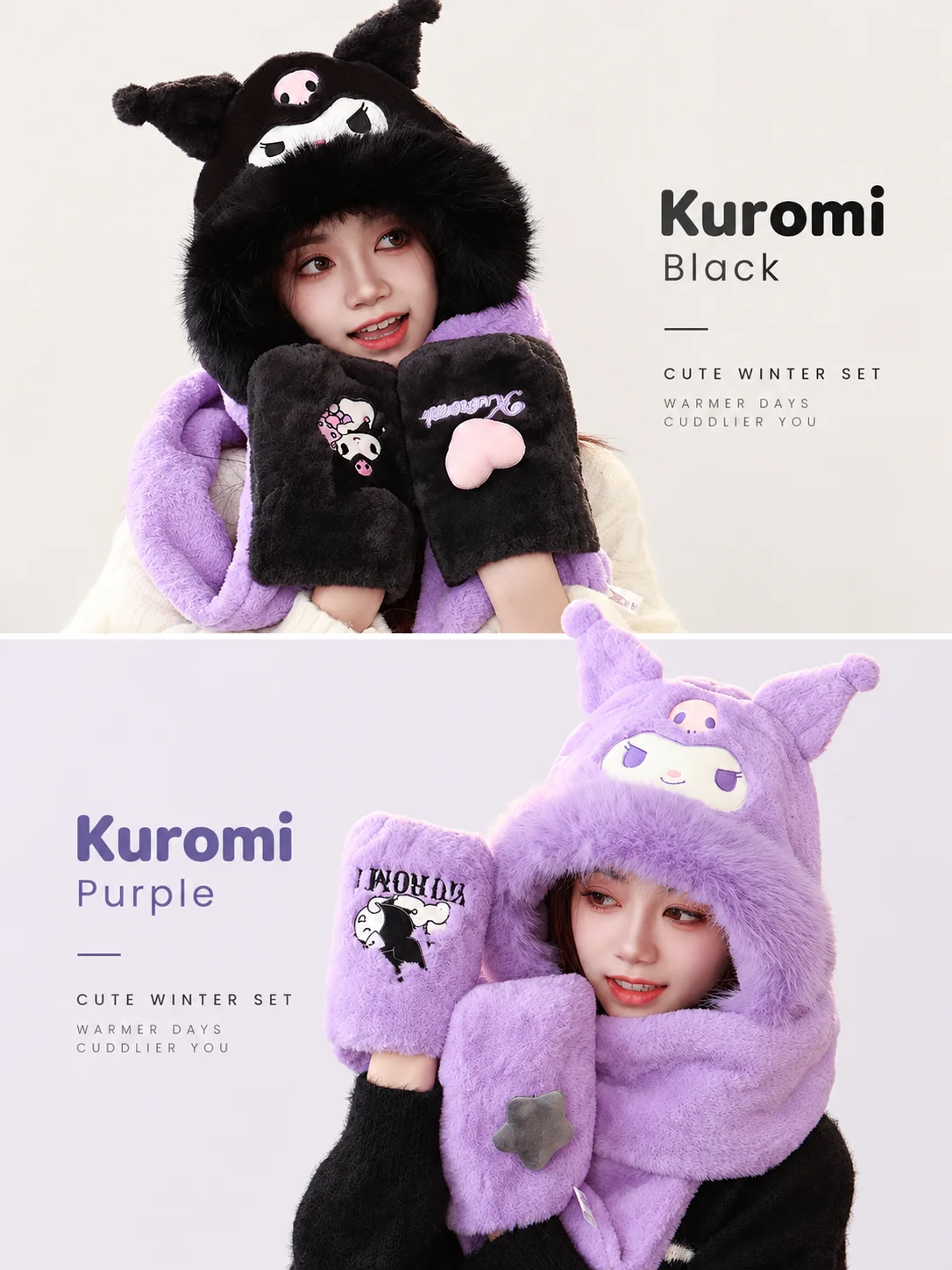 Sanrio Autumn Winter Thick Furry Warm 3-In-One Hat Scarf Glove Set Outdoor Cold Weather Halloween Cosplay Warm Costume Accessory - view 2