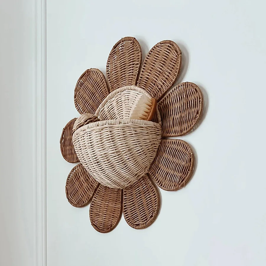 Rattan woven basket entry key storage basket bathroom sun flower wall hanging basket