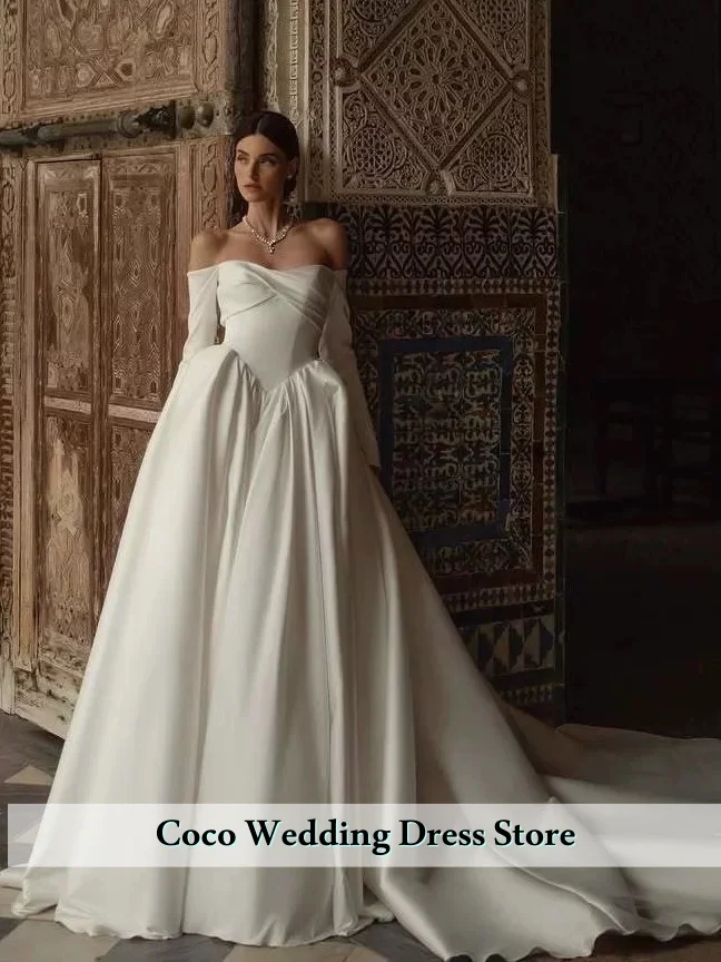 Maßgeschneidertes elegantes Rüschen-Hochzeitskleid, schulterfrei, herzförmig, langärmelig, Korsett, langes Brautkleid, Prinzessin-Brautkleid