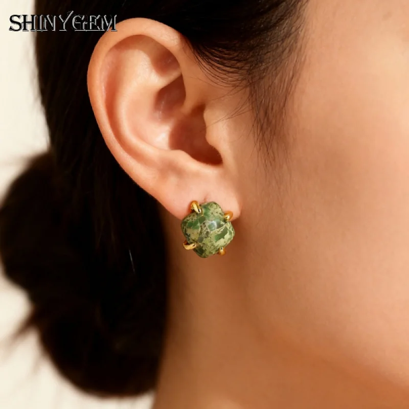 

SHINYGEM Green Square Imperial Jasper Stud Earrings 18k Gold Plated 925 Silver Needle Women'S Jewelry Fashion Accessories Gift