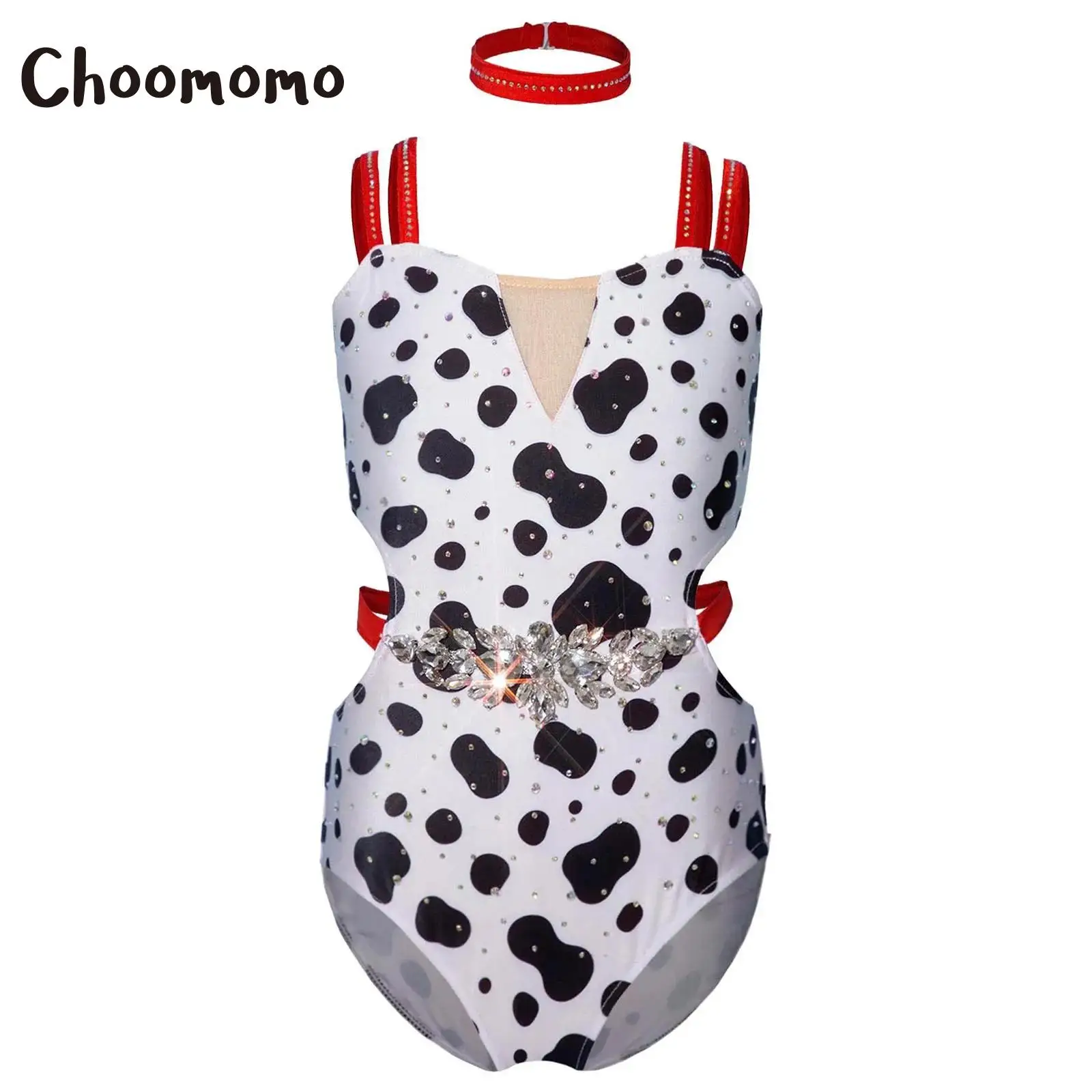 Kids Dalmatian Costumes Girls Spotted Print Ballet Dance Unitard Jumpsuit Rhinestones Waist Cutout Gymnastics Leotard +Necklace