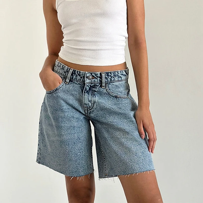 00s Retro Knee Length Denim Shorts Y2K Aesthetic Loose Wide Leg Baggy Jeans Vintage Grunge Boyfriend Shorts Women Streetwear