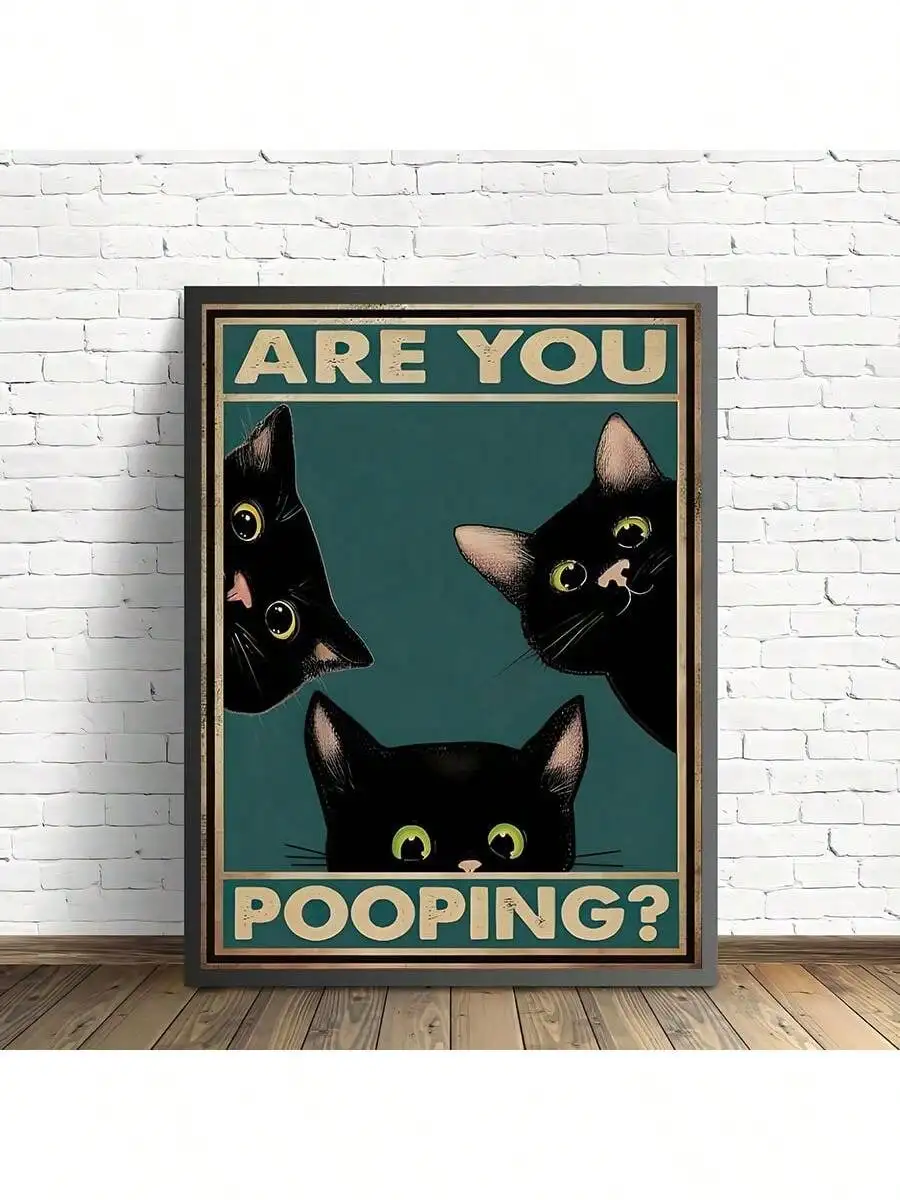 Canvas Painting Print Poster Funny Triple Black Cat Peeking, Retro Sneaking Cat Poster, Are You Pooping Wall Art Home Decor