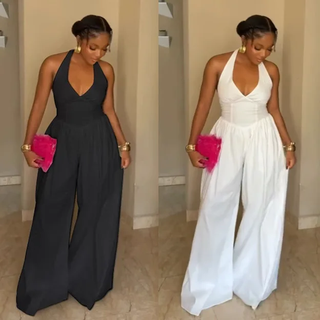 

Elegant Halter V-neck Woman Jumpsuit Sexy Backless Solid Color Wide-leg Jumpsuit Party Club Rompers 2025 Autumn