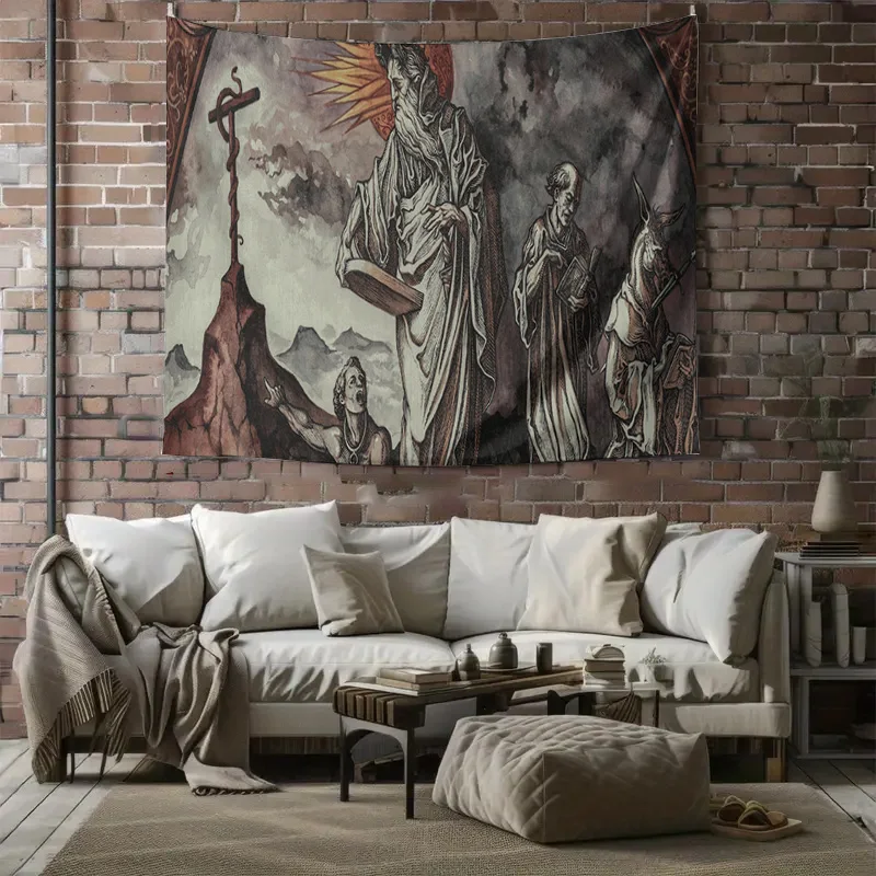 ملصق فني جداري ديني عتيق مثالي لديكور غرفة المعيشة باللونين الأبيض والأسود مرسومة يدويًا مع صورة متقاطعة على الطراز القوطي