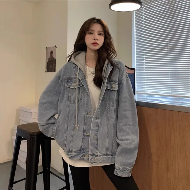plus Size Retro Short Denim Jacket Women Loose Korean Style Autumn Winter New Hat Hooded Top for plus Size Women Commute Style