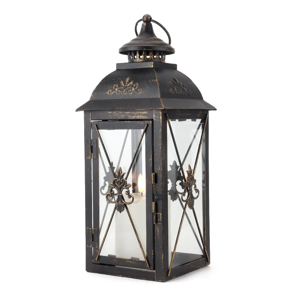 Black brush gold single package tempered glass metal lantern suitable for home decoration ornament retro style home lantern