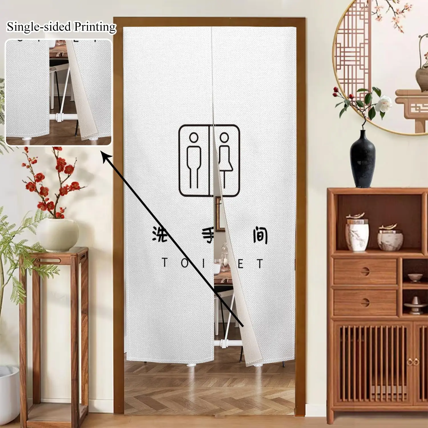 Restroom Noren Curtain, Minimalist Male & Female Restroom Sign Print, Door Curtain for Home Public Toilet Bathroom Decor