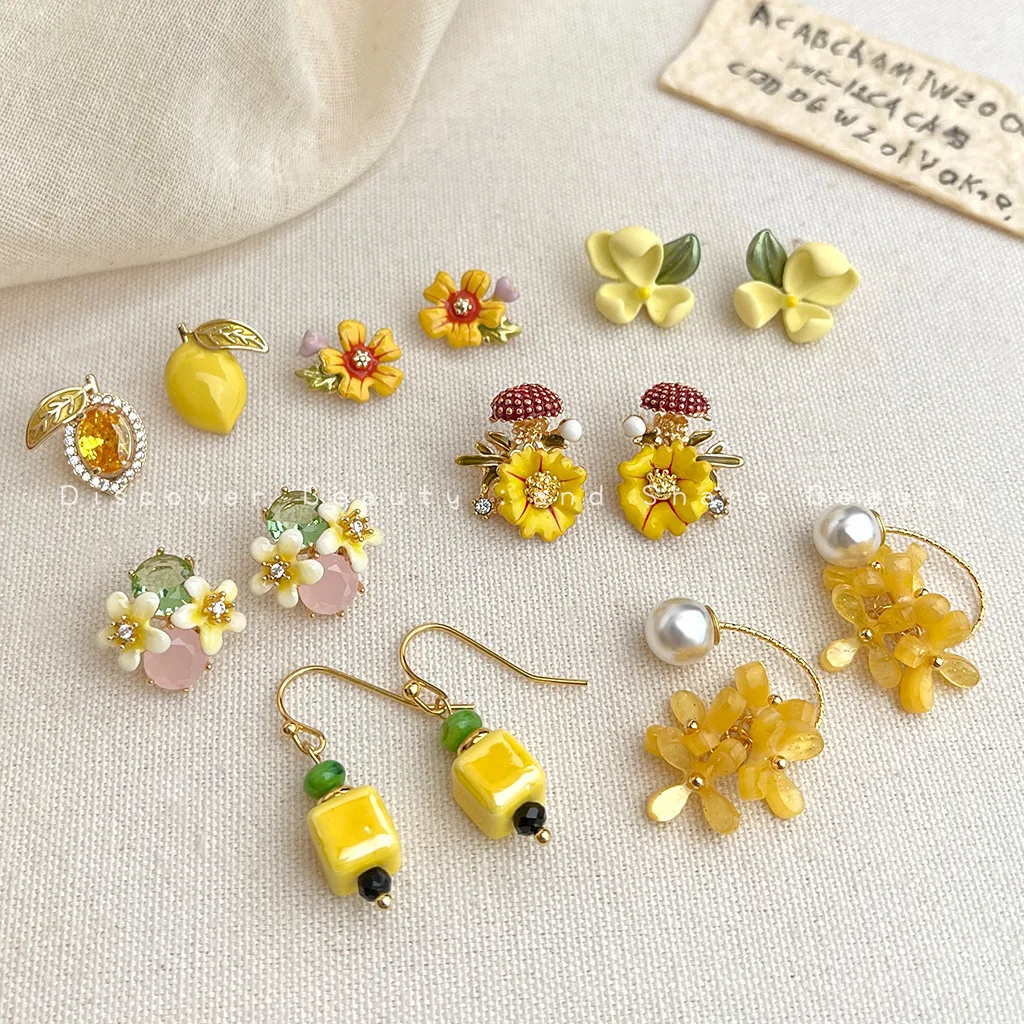 DIY accessories Dopamine sweet yellow flower earrings creative fun fruit stud earrings women's small fresh Korean earrings high