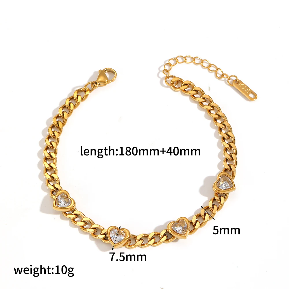 Luxuriöses, glänzendes, weißes Zirkon-Herz-Armband, 18K Goldfarben plattiert, Edelstahl, wasserdicht, Schmuckgeschenke für Damen – Detail 6