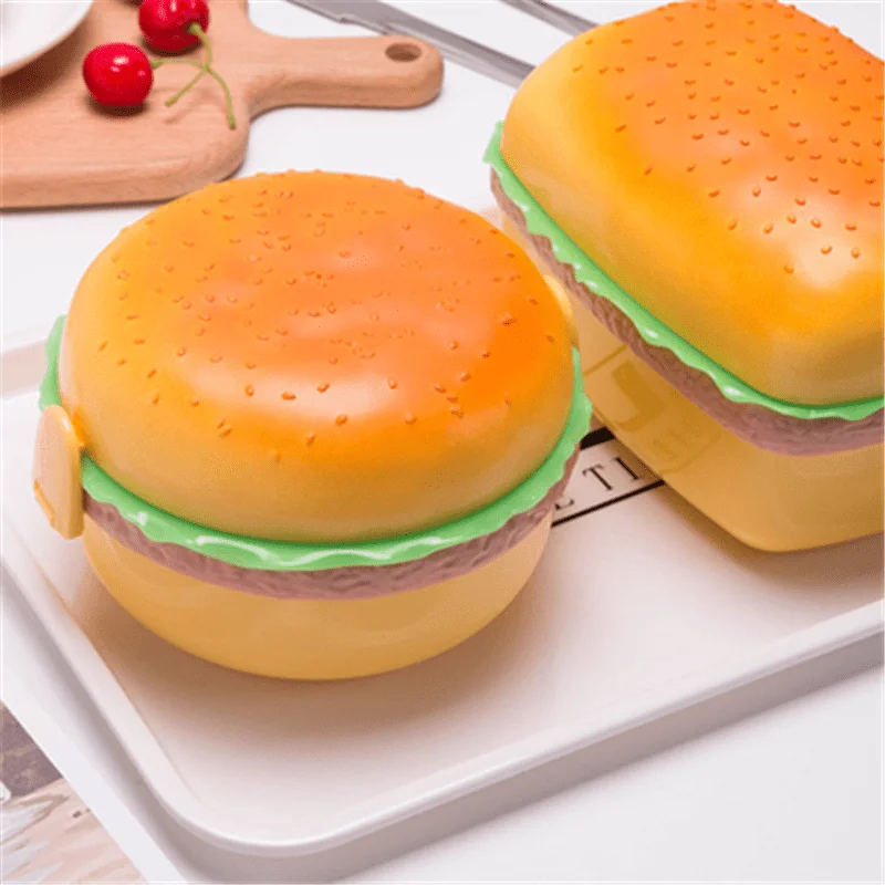 Hamburger Lunch Box Double Tier Cute Burger Bento Box Microwave Food Container Fork Tableware Set