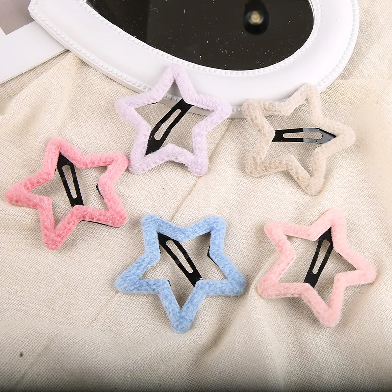 

2Pcs Autumn and Winter New Baby Plush Five-pointed Star Hairpin Cute Candy Color Side Back Head BB Clips for Children Girl