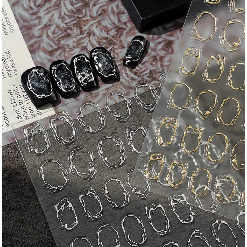 Hot Stamping Luxury Metal Frame Circles Transparent Irregular Lines Nail Stickers Self-adhesive Nail Art Sticker Nail Decoration