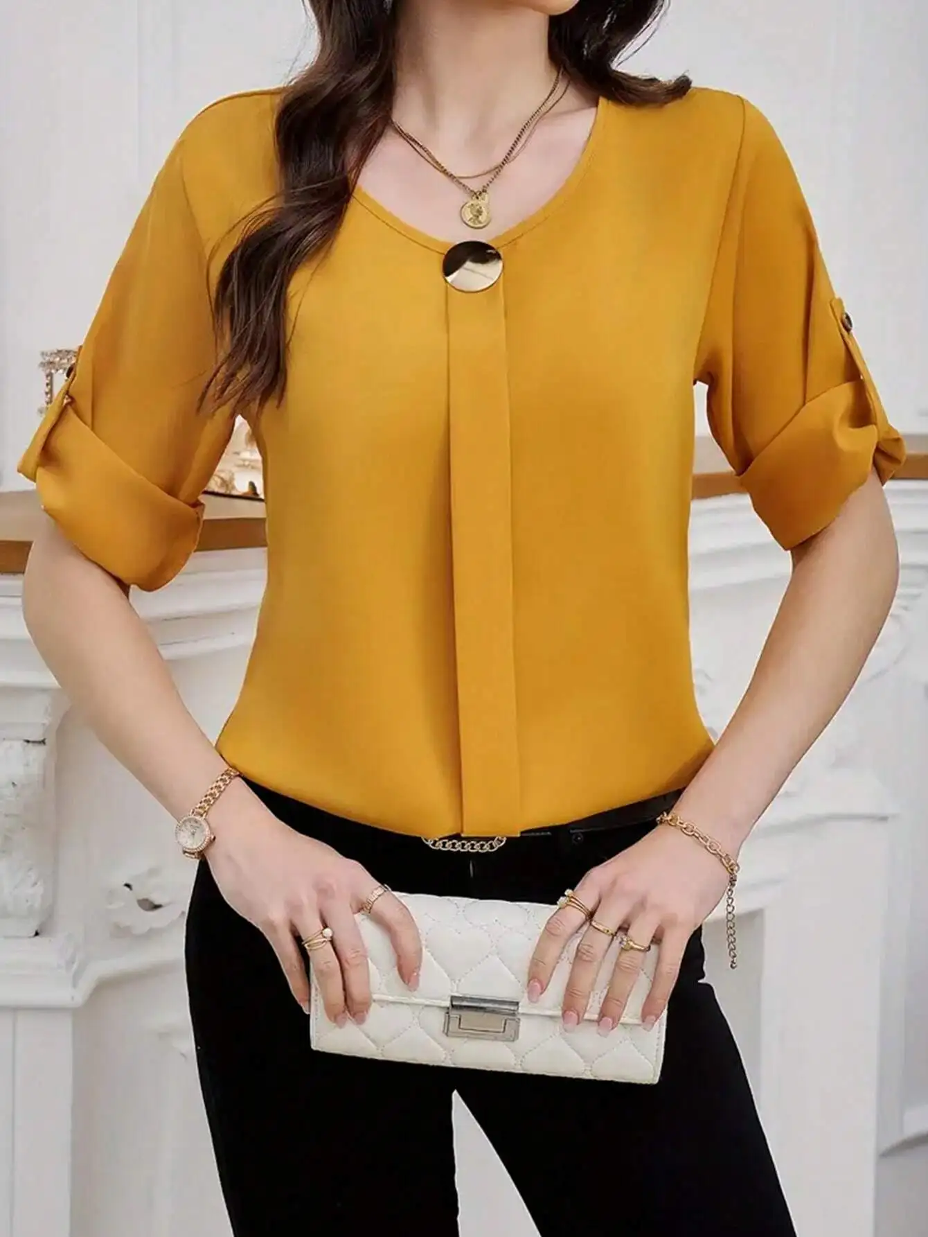 

Women Solid Roll Up Sleeve Blouse With Front Pleat Detail
