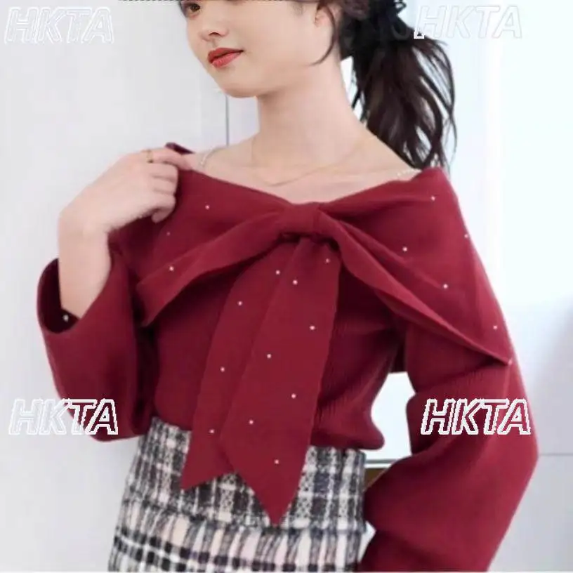 

Милый элегантный пригородный бант, бронзовая тонкая фурнитура, вязаный свитер с длинными рукавами и одним вырезом, зимние универсальные черные пуловеры, женский топ