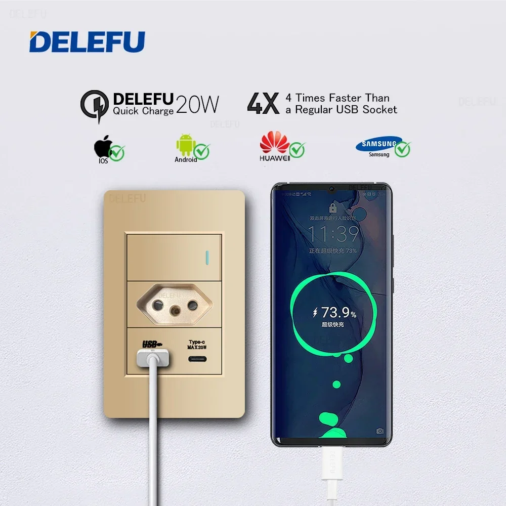 DELEFU PC Panel Fireproof Double USB Type C Charge Brazil Standard Outlet Gold Wall Power Light Switch Electrical Plug 10A 20A