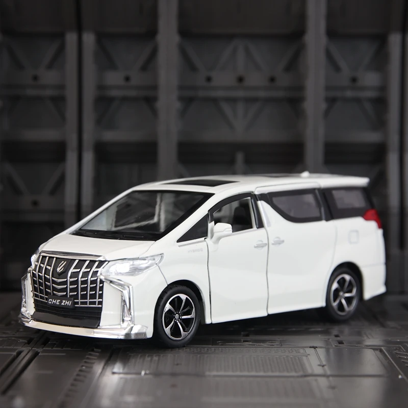 1:32 modelo de liga de veículo comercial Toyota Alphard MPV, portas e capô do motor, porta-malas pode ser aberto com brinquedos