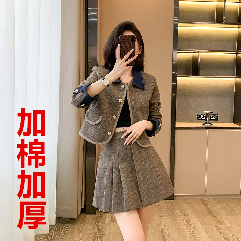 Real time shooting of the new retro jacket, half skirt set, British Academy style, age reducing, cotton thickened two-piece set