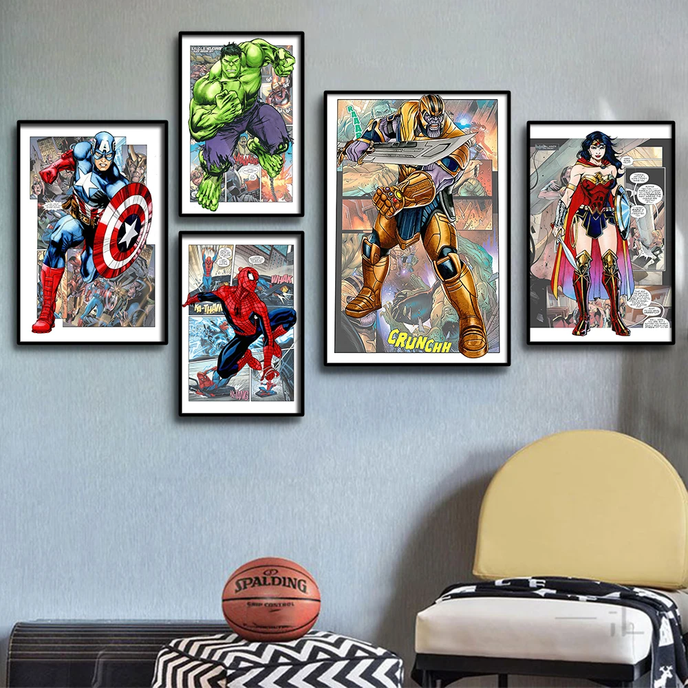 Avengers Super Hero Poster Spiderman Hulk Iron Man Captain America Marvel Figure Canvas Painting Wall Art Child Room Decor Gift