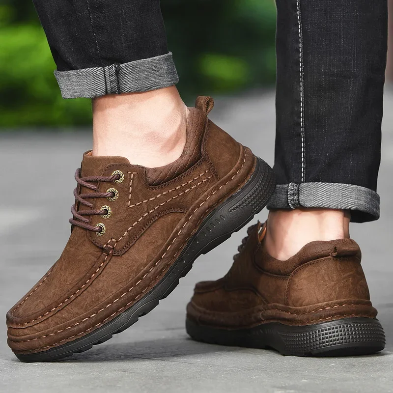 Handmade Genuine Leather Shoes Autumn Winter Vintage Style Casual Men Shoes Lace-Up Ankle Hiking Shoes