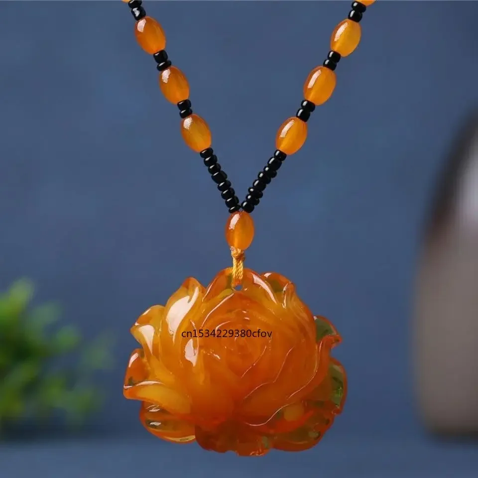 Chinese Yellow Beeswax Water Drop Flowers Gourd Leaves Amber Pendant Necklace Men Women Mala Meditation Jewelry Sweater Chain