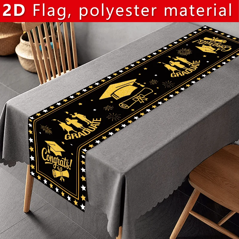 2D Flat Banner, 1pc Graduation Season Table Runner in Black And Golden, Decoration Banner for The 2026 Graduating Class