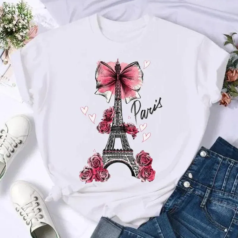 Koszulka z krótkim rękawem Butterfly Bow Sweet Flower Fashion Summer Women Print T Shirt Female Casual Top Tshirts Cartoon Graphic Tee T-Shirt