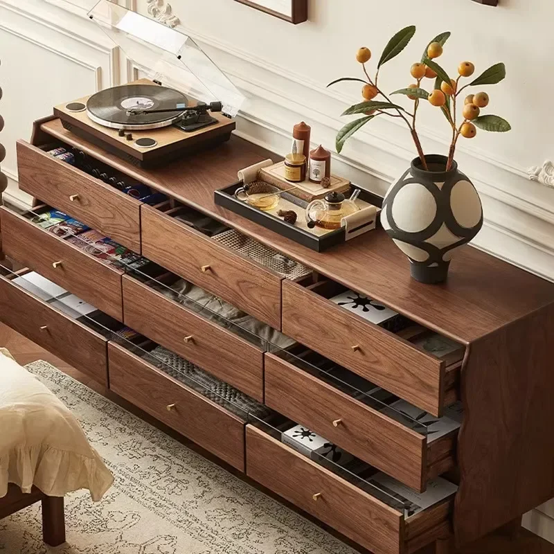 for Black Walnut Solid Wood Nine Drawer Cabinet Log Retro Style Dining Sideboard Large Storage Corner Unit Living Room Chest