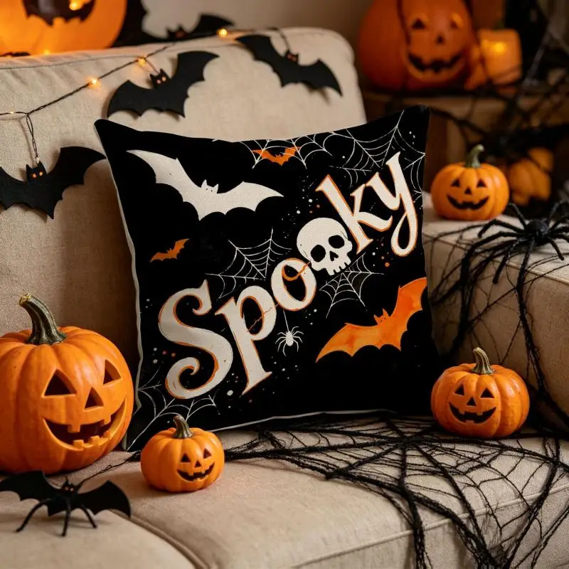 2 Stück Halloween-Kissenbezüge mit Aufdruck, gruselige Atmosphäre, Kissenhülle für Wohnzimmer, dekorative Sofakissenbezüge 45x45cm – Detail 7