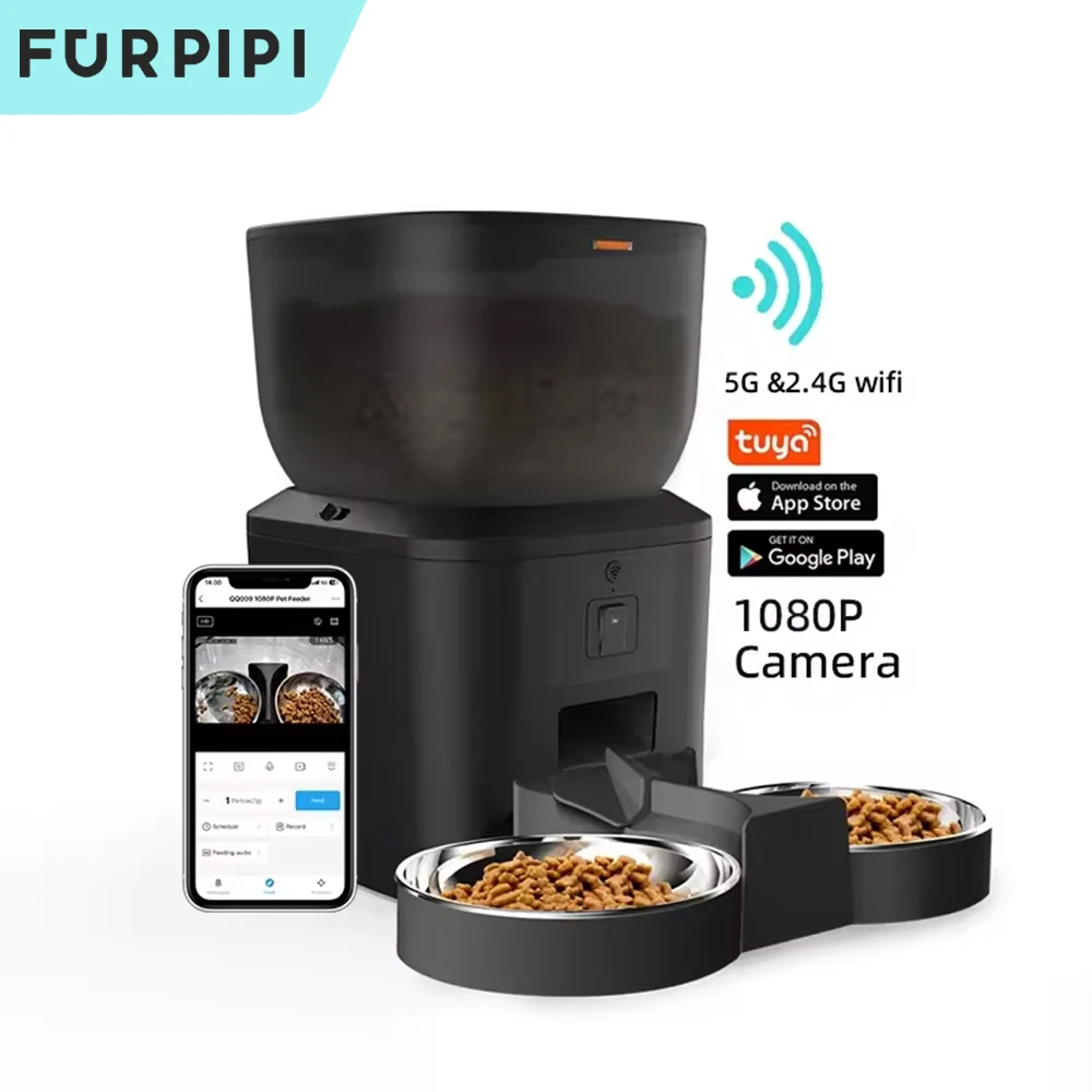 Automatic Dog Feeders with Camera 1080P HD 5G WiFi Pet Feeder Tuya APP Control Automatic Cat Dog Food Dispenser Furpipi