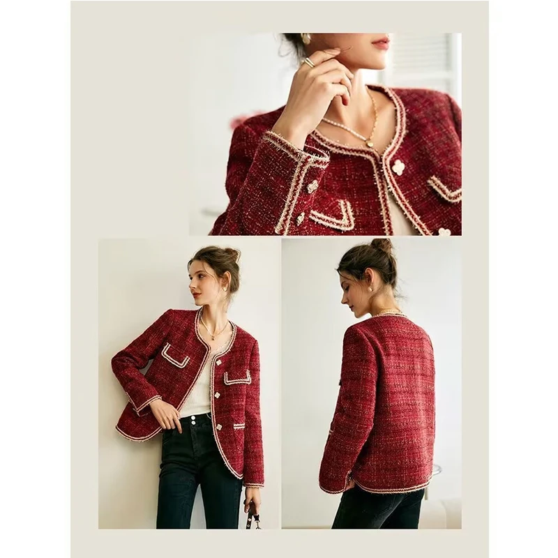 New Red Tweed Jacket For Women 2023 Autumn Winter Long sleeve Single-Breasted Chic Tops Female Korean Style Elegant Lady Coat