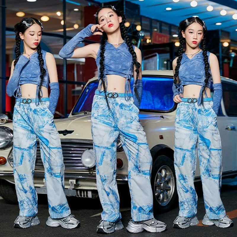 2024 New Jazz Dance Costumes For Girls Group Hoodie Tops Blue Pants Suit Children Hip Hop Dance Performance Stage Wear  DQS18201