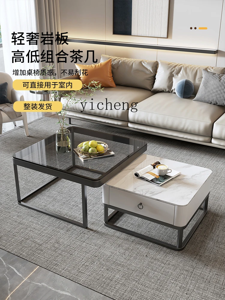 Light Luxury  Style Stone Plate Coffee Table Living Room Home Small Apartment Simple Modern Square Glass Nordic Tea Table