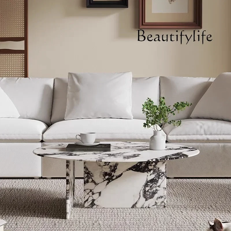 Mesa de centro de mármore natural estilo creme francês AL Y, tampo oval redondo italiano lacado e estrutura de aço inoxidável, resistente ao calor