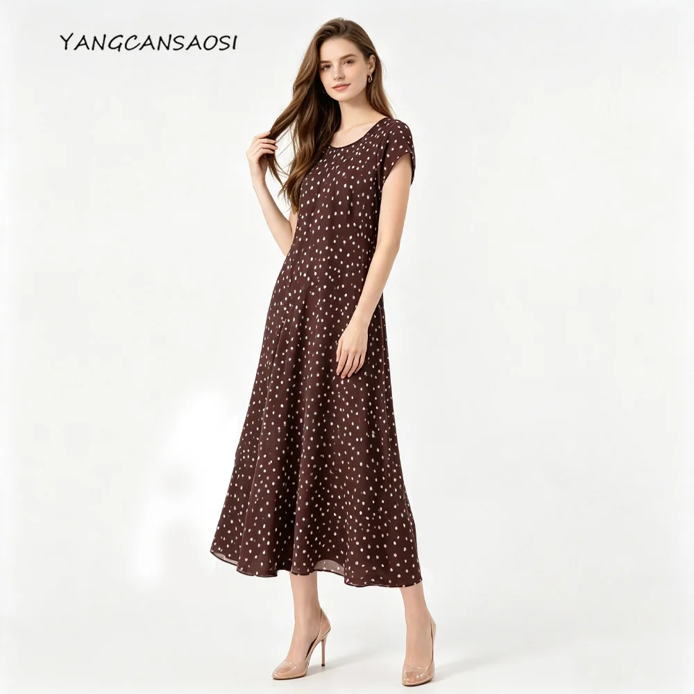 Кофейный шелк Polka Dot 100% натуральный тутовый шелк двойного крепового плетения 45 °   Платье с диагональным вырезом, круглым воротом, короткими рукавами и пышной юбкой