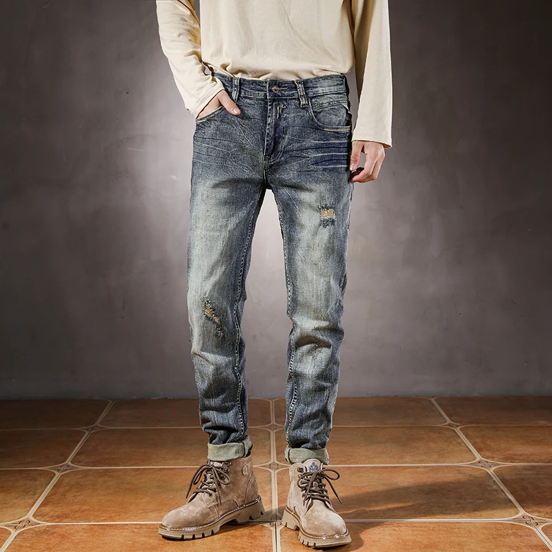 

2025 Spring Autumn Trendy Ripped Hole Distressed Washed Denim Jeans for Men American Vintage Casual Slim Fit Stretch Pants