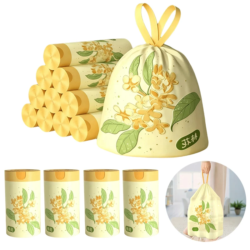 200PCS Osmanthus Pattern Garbage Bag With Drawstring 50PCS/Roll Fresh Fragrance Portable Trash Bags Household Clean Supplies ZYF