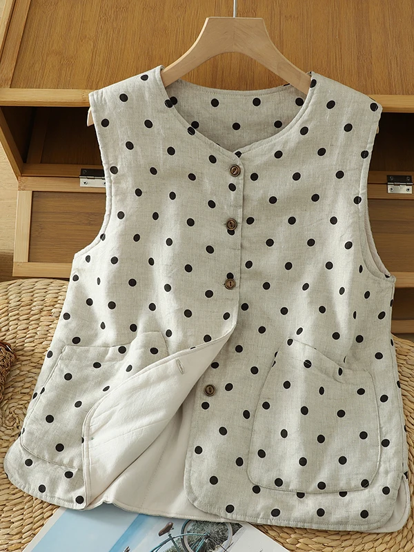 Casual Cotton Linen Polka Dot Jacket Women's Autumn Winter Warm Loose plus Size Versatile Casual Shoulder Coat City Walk Trav...